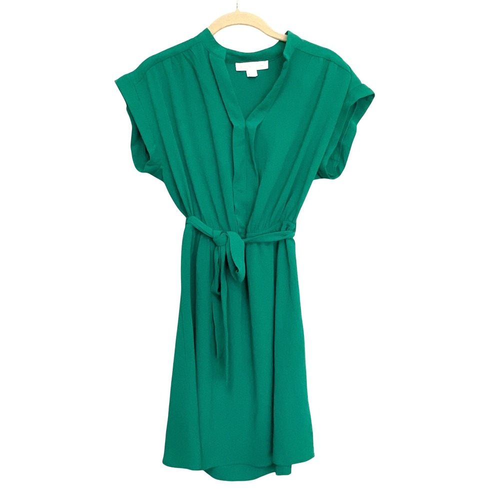 Monteau Los Angeles Kelly Green V-Neck Tie Waist Crepe Dress Womens Medium